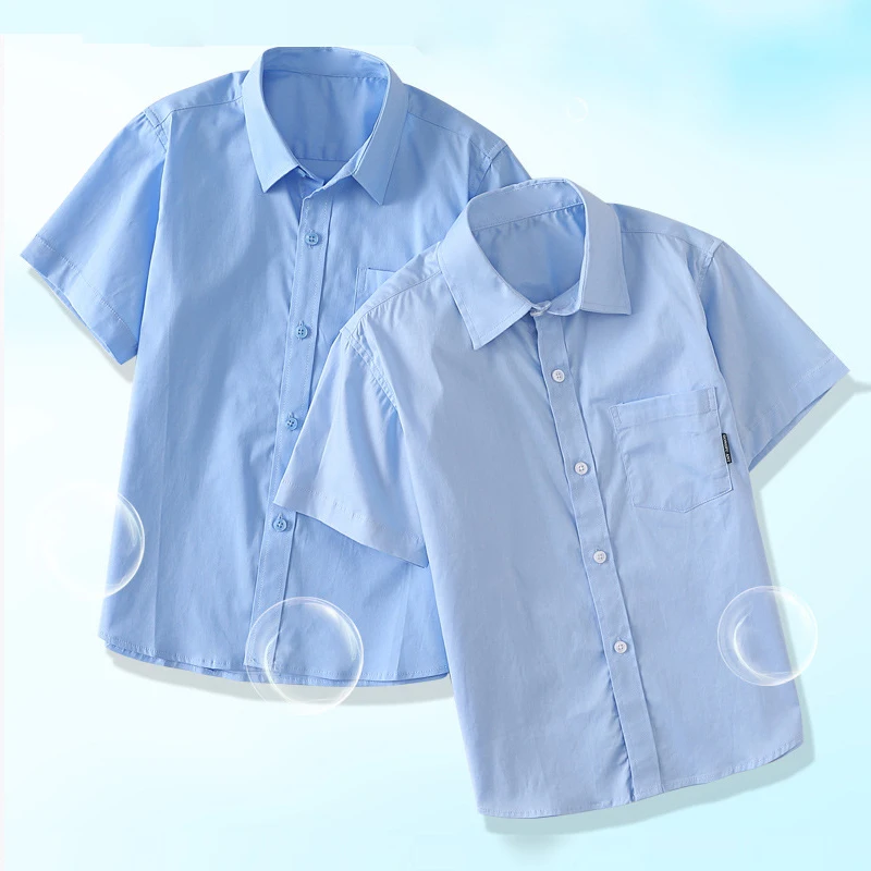 Summer Kids Blue Shirts for Girls School Uniform Blouses for Boy Short Sleeve Preppy Cotton Children Clothes Vestidos 8 10 14 Y