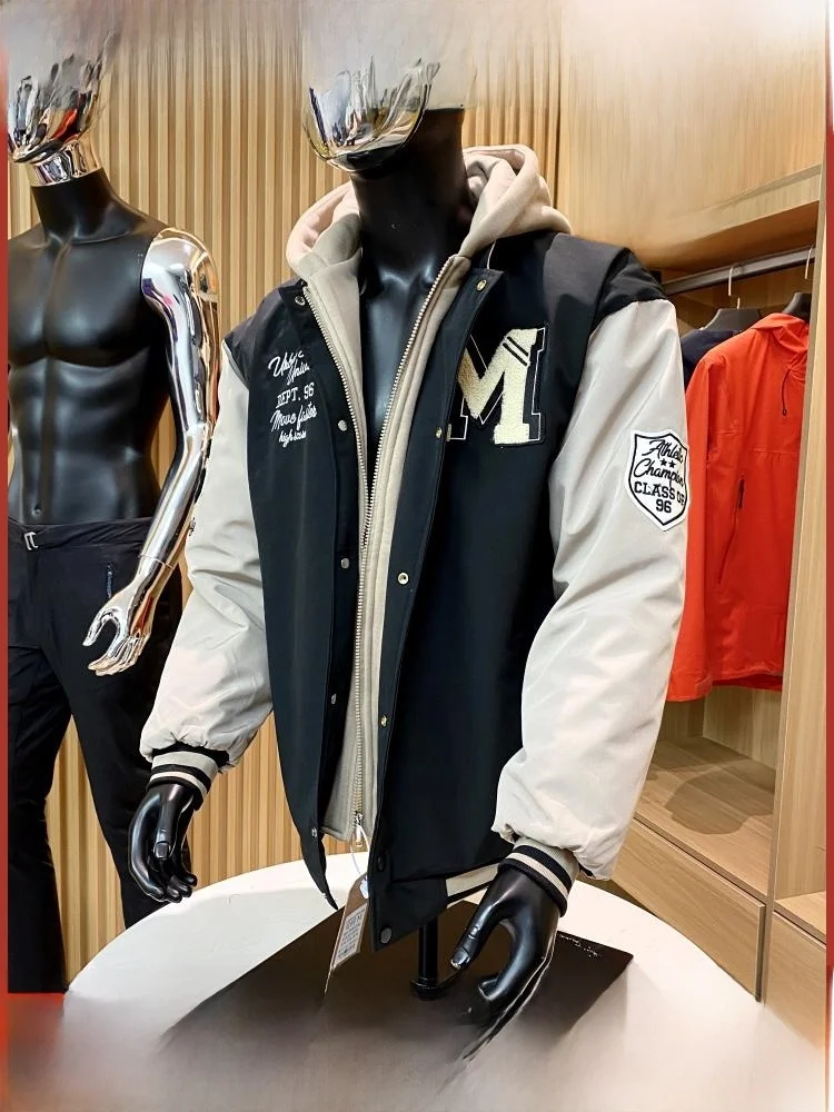 

Autumn Winter Men's Outdoor Thiened Warm Baseball Jaet Hooded Cotton Padded Embroidered Patchwork Coat Youth Faion