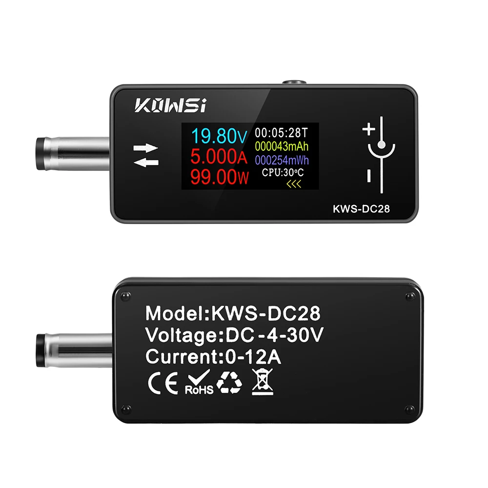 KWS-DC28 Interface Tester 4-30V 12A Voltage Current Tester Digital Voltmeter Ammeter 0.96 Inch TFT Color Screen Power Meter