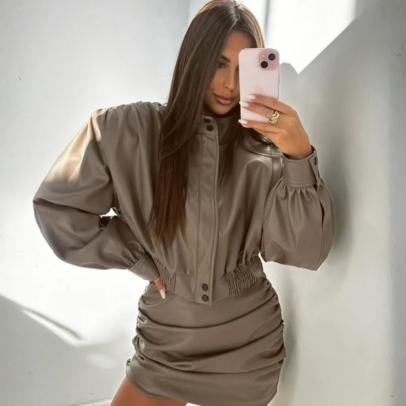 Talenza Giacca in pelle da donna vintage Autunno New Fashion Streetwear Giacca corta con cerniera Colletto alla coreana di lusso Capispalla femminile