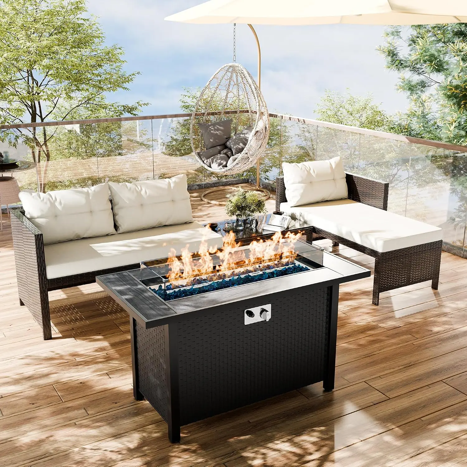 45in Fire Pit Table Outdoor Sectional Sofa Set 50000 BTU Propane Wind Guard Rain Cover Beige White, Customized