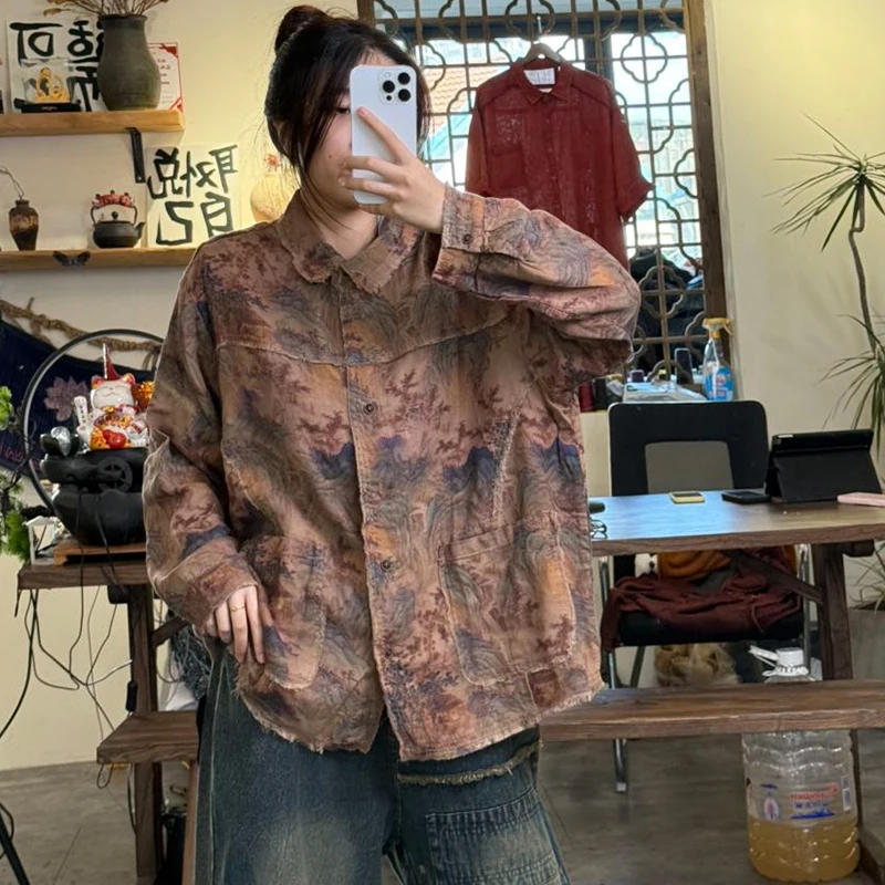 قمصان عصرية للخريف الكوري من Mass Wass للسيدات مطبوعة فضفاضة بتصميم عتيق بلوزات كلاسيكية كاجوال بأكمام طويلة مزهّرة