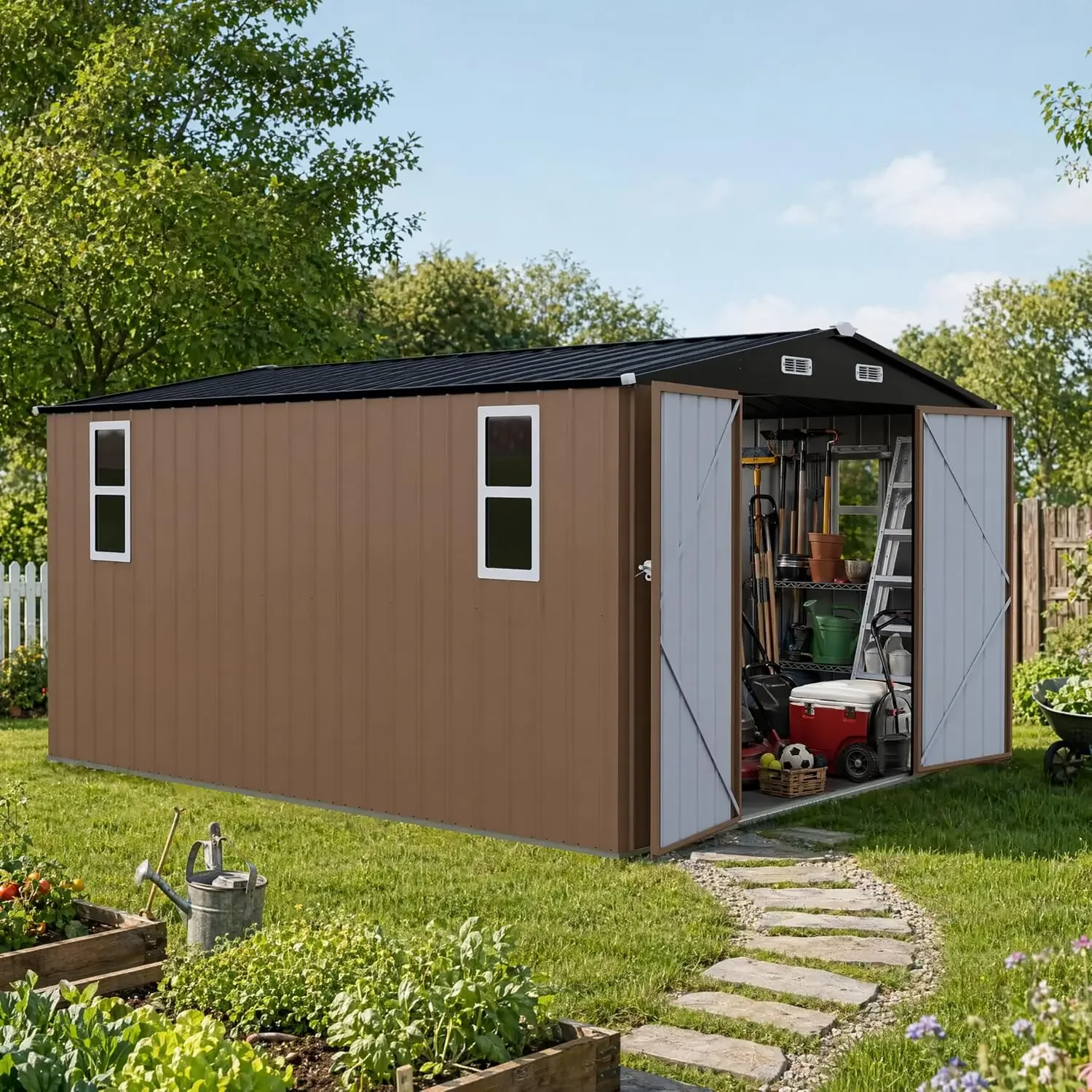 10 x 12 FT Outdoor Storage Shed with Windows, Heavy Duty Galvanized Steel Storage Shed with Double Lockable Doors,, Custom