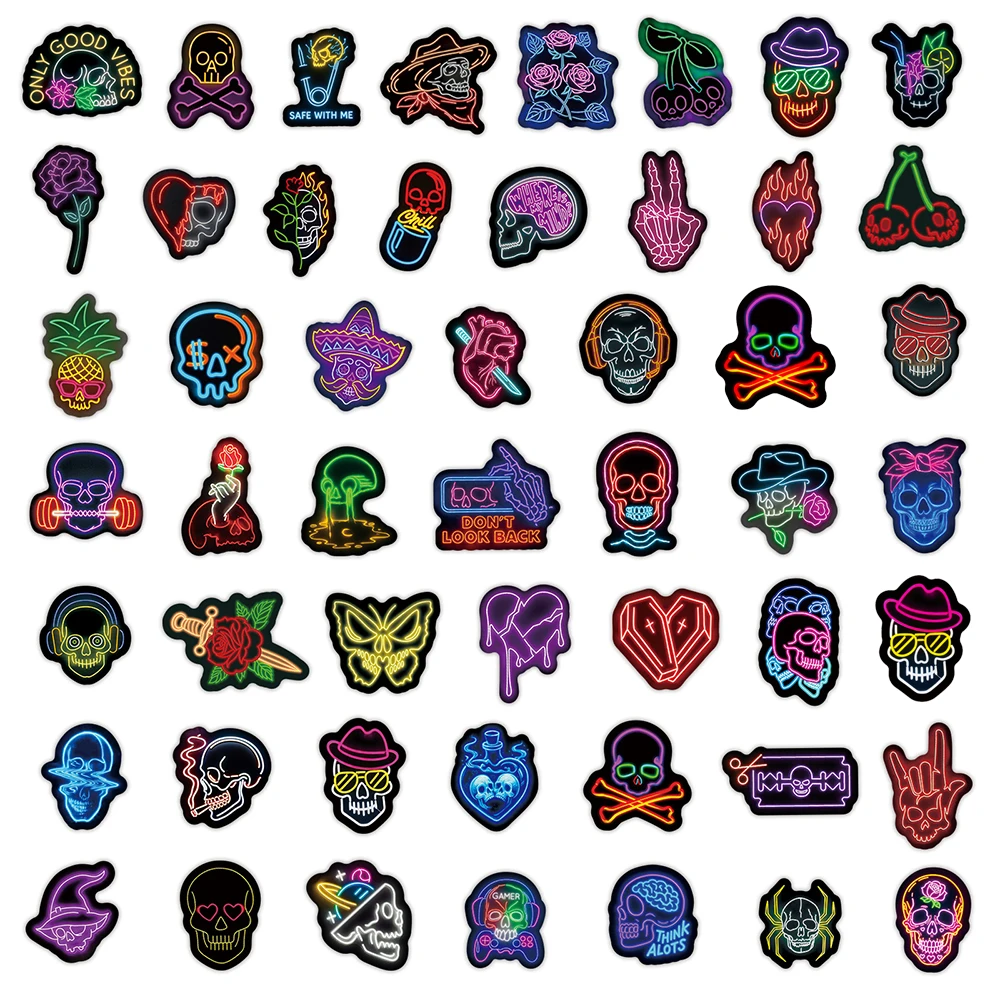 

10/30/50pcs Cool Neon Skull Stickers Cartoon Gothic Graffiti Decal Decoration Mototcycle Skateboard Phone Car Waterproof Sticker