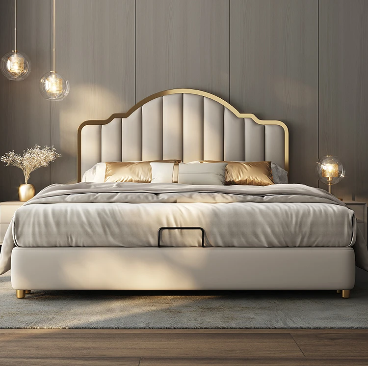 

fg-Modern Luxury Bedroom Furniture Queen Size Revolving Wooden Bed with Storage Soft Upholstered Double King Beds for Hotels！