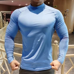 Men's Autumn Sports Compression T-shirts Half Turtleneck Long Sleeve Tops Solid Shaper Slim T Shirts Male Running Gym Sportwear