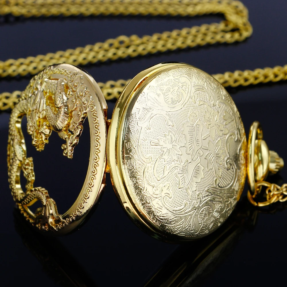 Luxury Golden Dragon Hollow Digital Quartz Pocket Watch Fashion Pendant Necklace Time Clock Men's and Women's Accessories Gifts