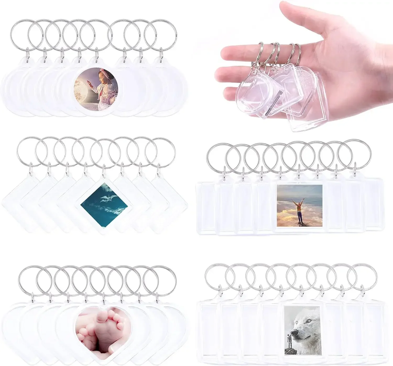 1-20pcs Blank Acrylic Picture Keychain DIY Clear Insert Photo Split Key Ring Frame Key Chains Lovers Anniversary Graduation Gift