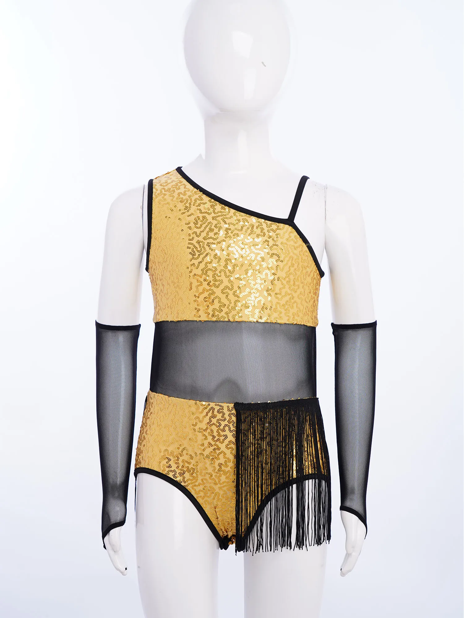 Kids Girls Sequins Cha-cha Salsa Latin Ballet Dance Costume Sleeveless Cutout Tassels Leotard Performance Competition Dance Wear