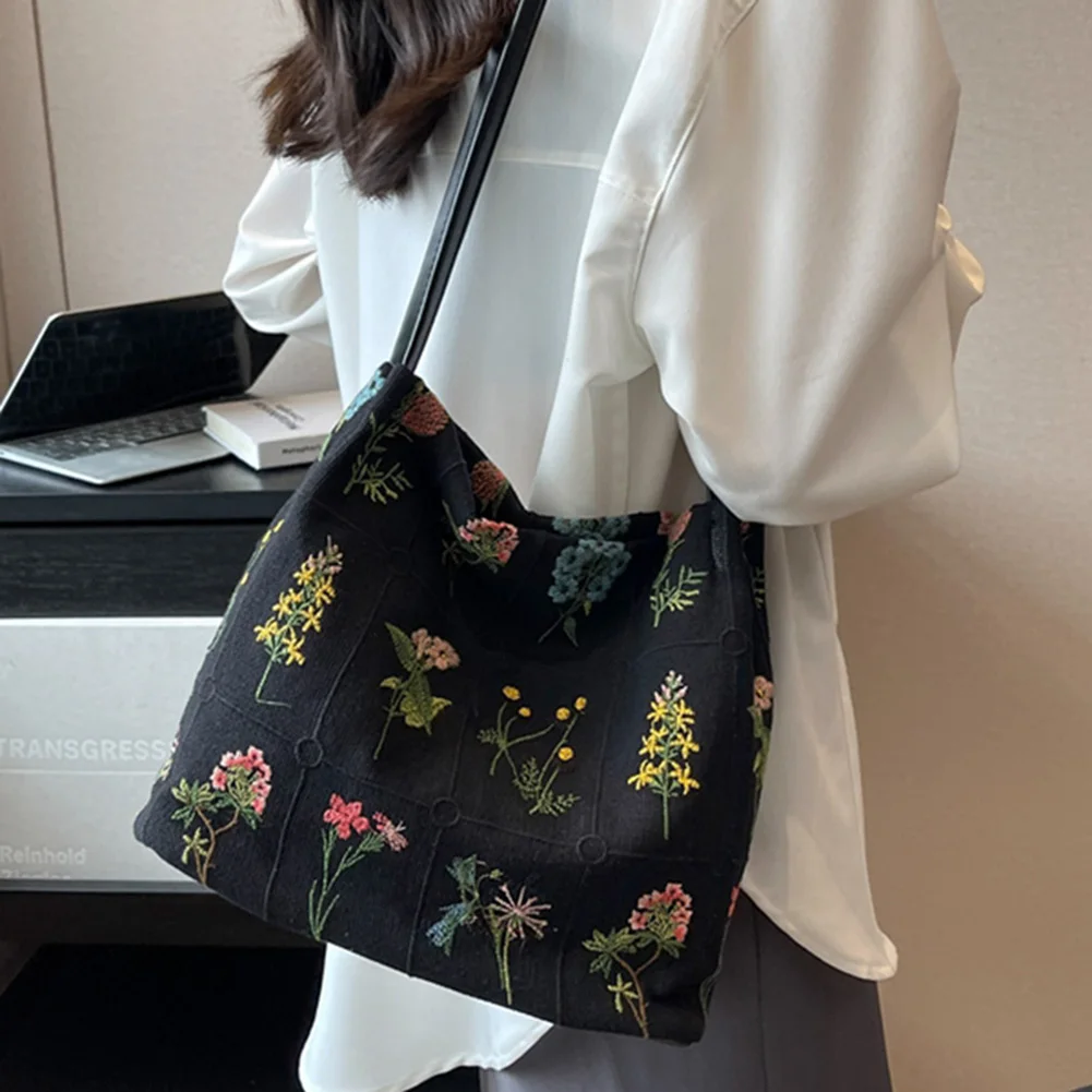 Ladies Floral Embroidered Underarm Bag Canvas Satchel Women Quality Bucket Bag Large Capacity Shoulder Bags Stylish Tote Handbag