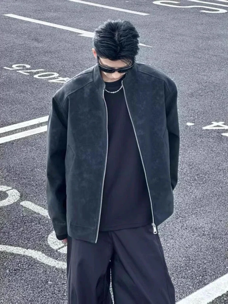 

Men's Motorcycle Coat Fog Gray Leather Jacket Stand Up Collar Sporty Baseball Jacket Lightweight Spring​