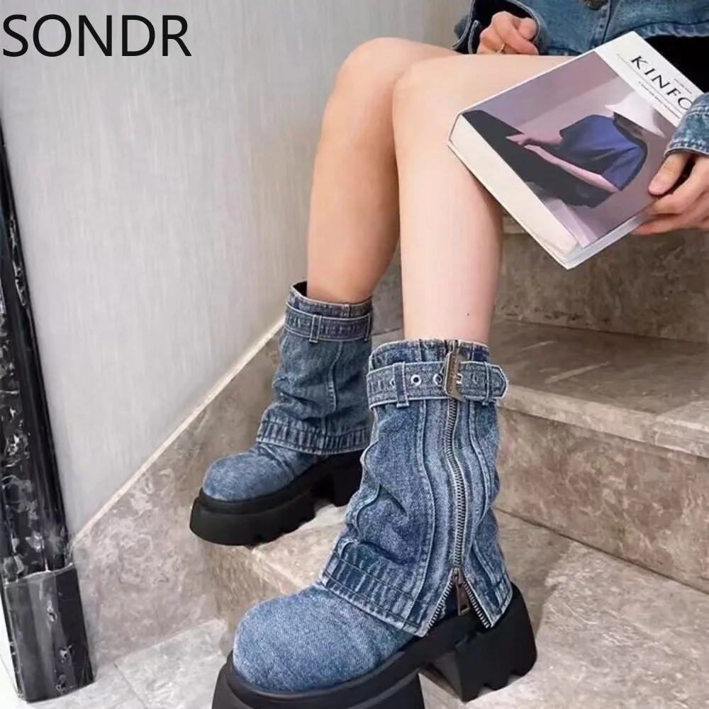 

Womens Denim Jeans Mid Calf Boots Platform Zipper Chunky High Heel Oxfords Punk Belt Buckle Motorcycle Shoes New 2024