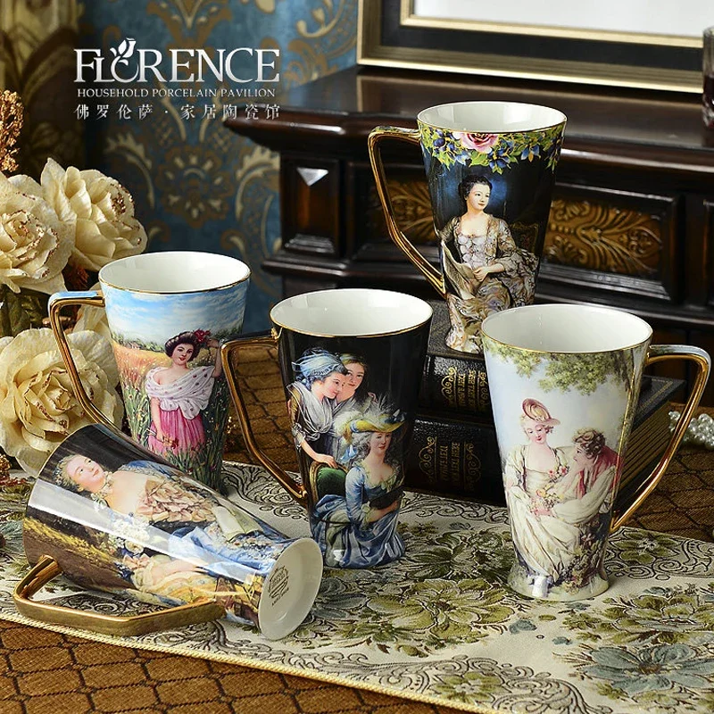 30oz Medieval Palace Lady Western Style Vintage Speaker Cup Gilding Bone China Large Capacity Water Mug Coffee Cup Luxury