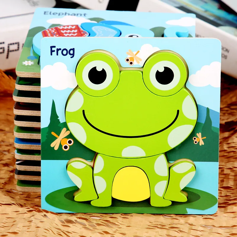 

Toddler Puzzles Wooden Jigsaw 5.87 in with 3D Cartoon Animals Frog Elephant Owl Lion Shape Montessori Toys for Infant Kids