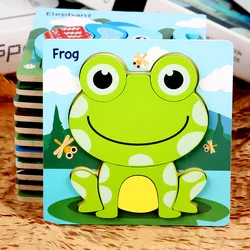 Toddler Puzzles Wooden Jigsaw 5.87 in with 3D Cartoon Animals Frog Elephant Owl Lion Shape Montessori Toys for Infant Kids