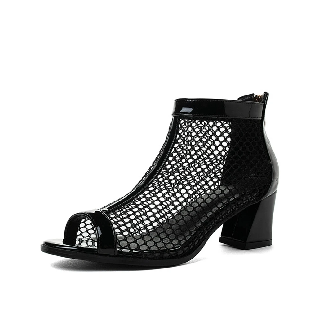

Women's Mesh Open Toe Sandals Ankle Strap Block Heel Back Zipper Shoes Plus Size 32-54 2 Colors Summer Breathable 816