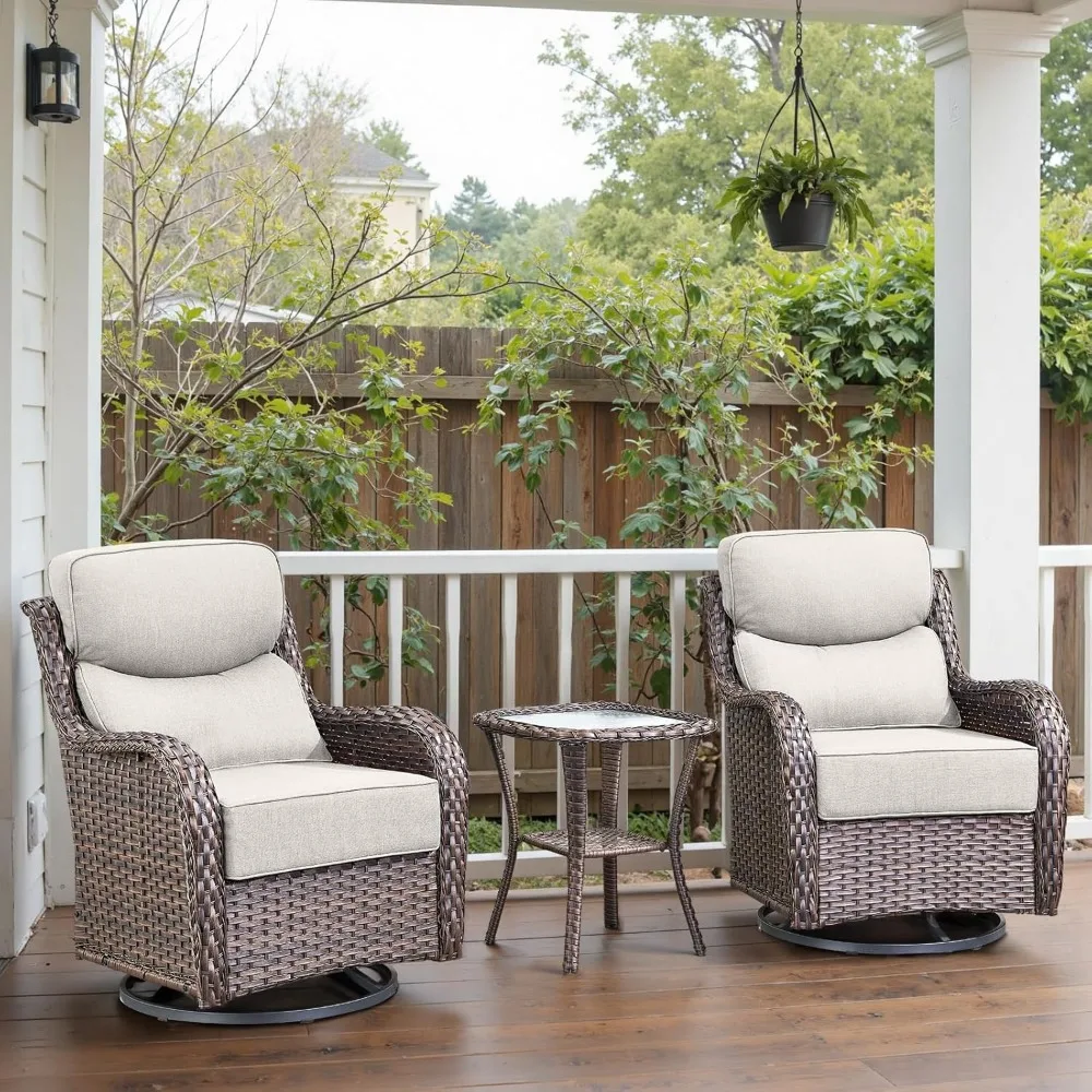 

Swivel Patio Chairs Set of 3 with 6" Thick Cushion - Wicker Outdoor Swivel Rocker Patio Chairs with Side Table, High Back Comfor