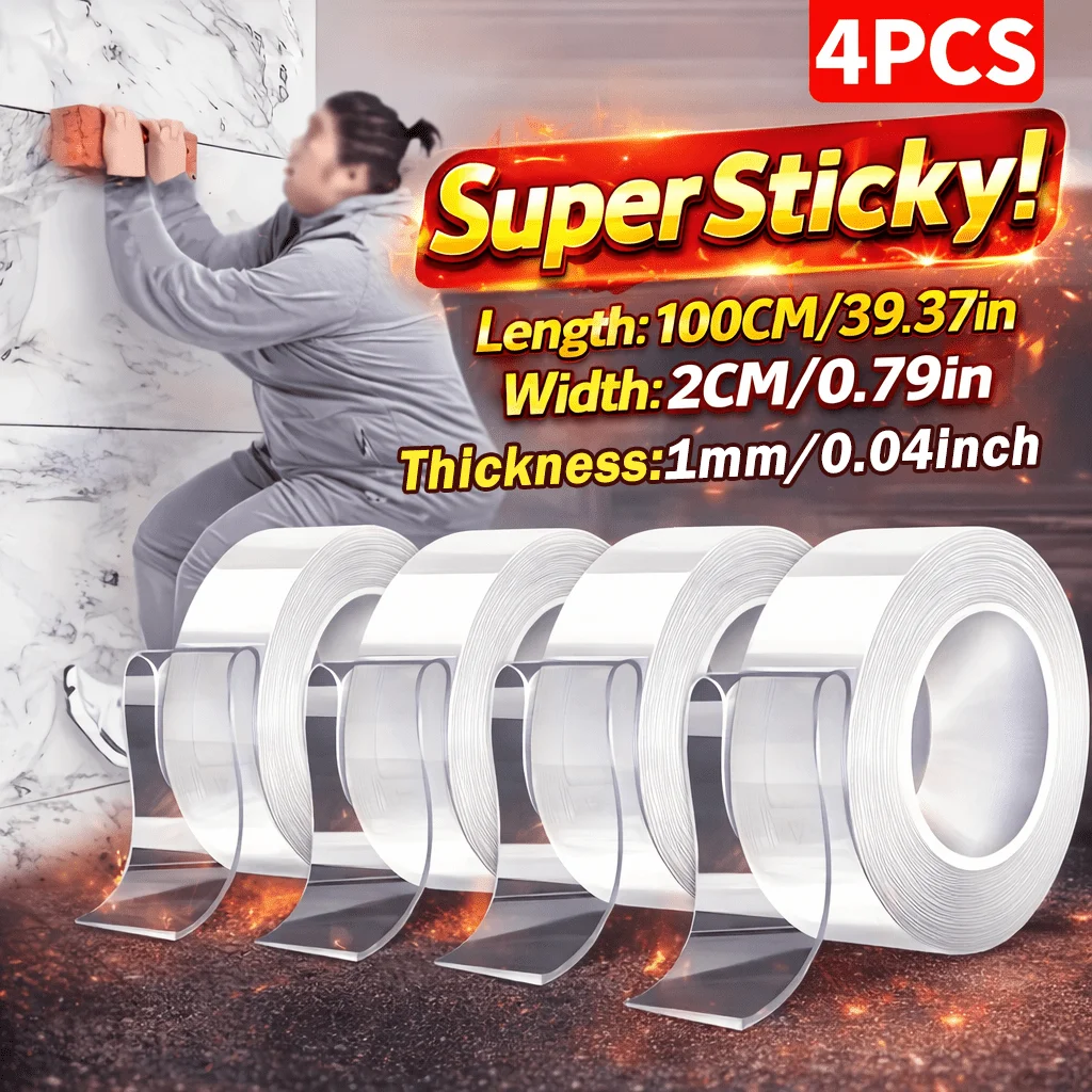 4 Rolls Double Sided Nano Tape Set, 157.48 Inch Total, Reusable Heavy Duty Clear Adhesive Tape for Art & Holiday Decor, Multi-su