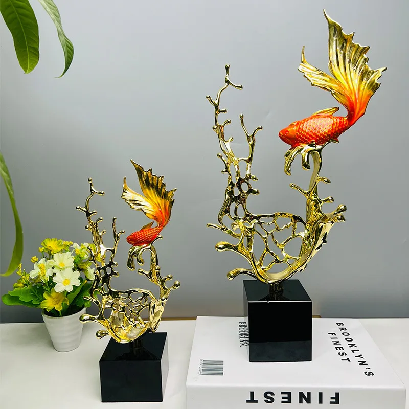 

Metal Handicraft Goldfish Artificial Animal Sculpture Hollow Gold Figurine Fish Carp Home Decoration Accessories