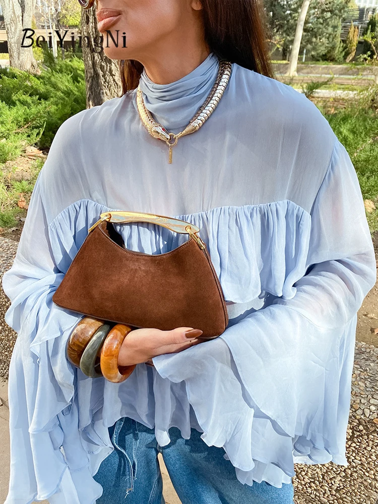 

Beiyingni, женская синяя водолазка, Blusas, темпераментные женские блузки с расклешенными рукавами и оборками, свободные 2021, весенне-осенний модный топ