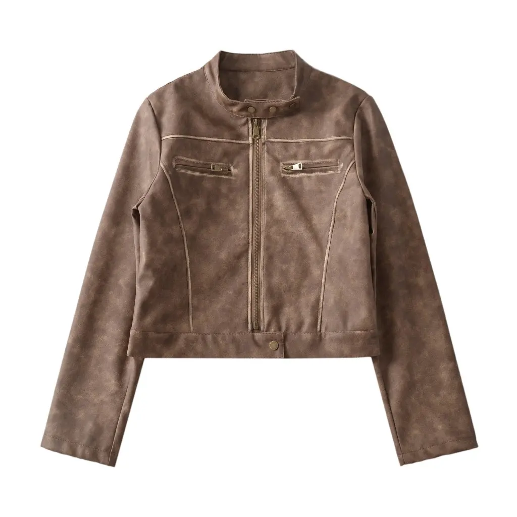 Chaqueta de cuero lavada desgastada Retro para mujer, abrigo corto ajustado con cuello levantado, estilo europeo americano, nuevo otoño