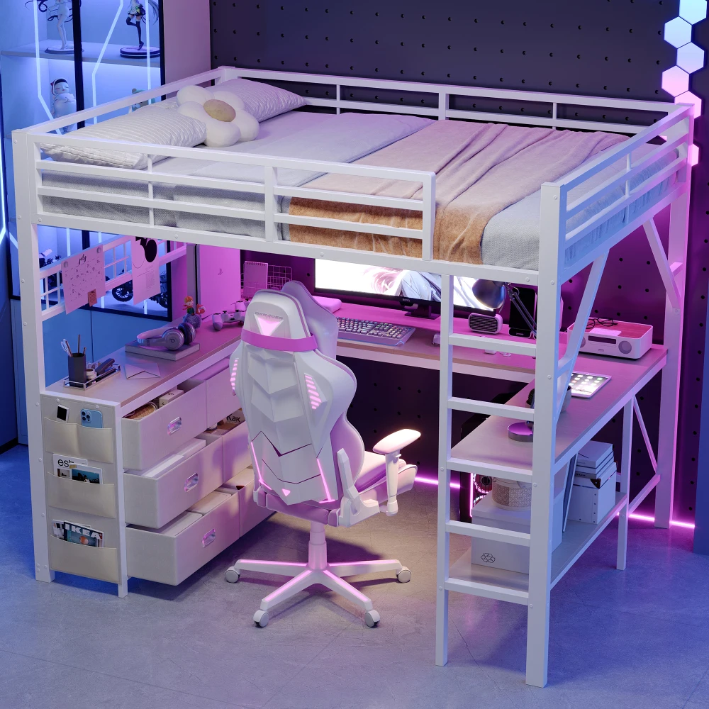 Letto alto in metallo per gaming, dimensioni 90x200 cm e 140x200 cm, con cassetti, scrivania integrata e ripiano portaoggetti, letto multifunzionale per gaming, arredamento per la camera da letto,