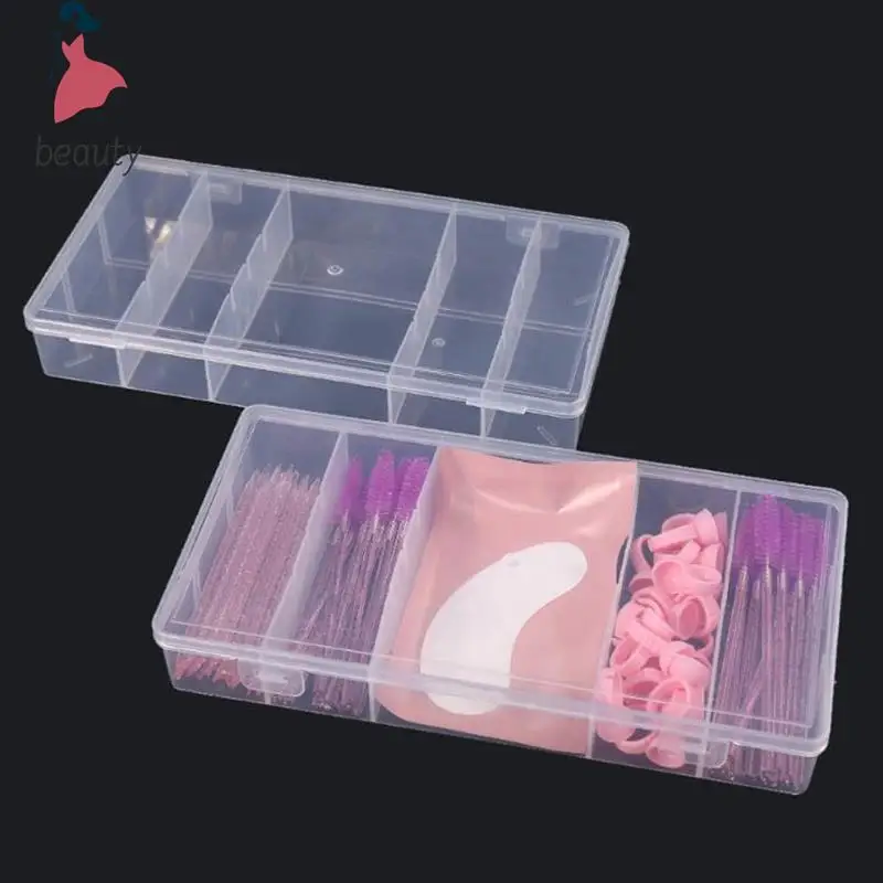 Caja de almacenamiento de herramientas de extensión de pestañas transparente con cubierta rectangular Vertical, soporte de pinzas de pegamento, organizador de maquillaje, 5 rejillas