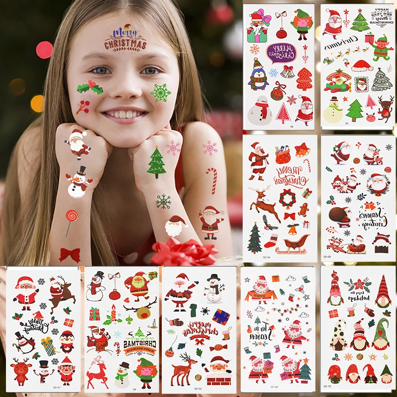 10Sheet Christmas Tattoo Stickers Santa Claus Snowman Temporary Tattoo Sticke For Face Body Merry Christmas 2025 New Year Gift