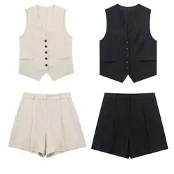 HH Summer Women Casual Vintage Solid Pant Suit Button Waistcoat Vest Top High Waist Shorts Sets Cotton Linen Clothing Woman