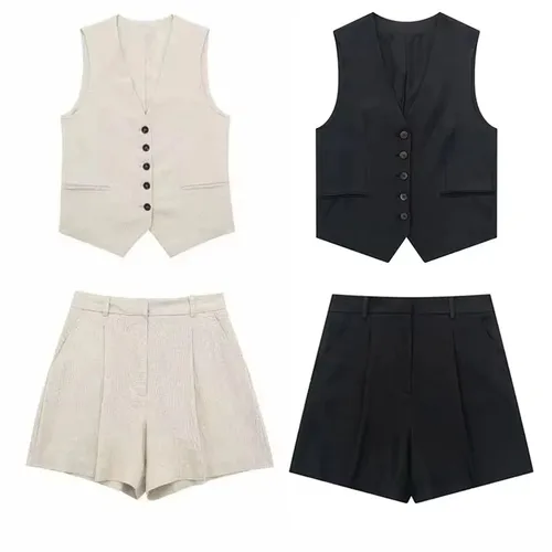 Imagen 1 del producto HH verano mujeres Casual Vintage sólido pantalón traje botón chaleco Top pantalones cortos de cintura alta conjuntos de ropa de lino de algodón Mujer