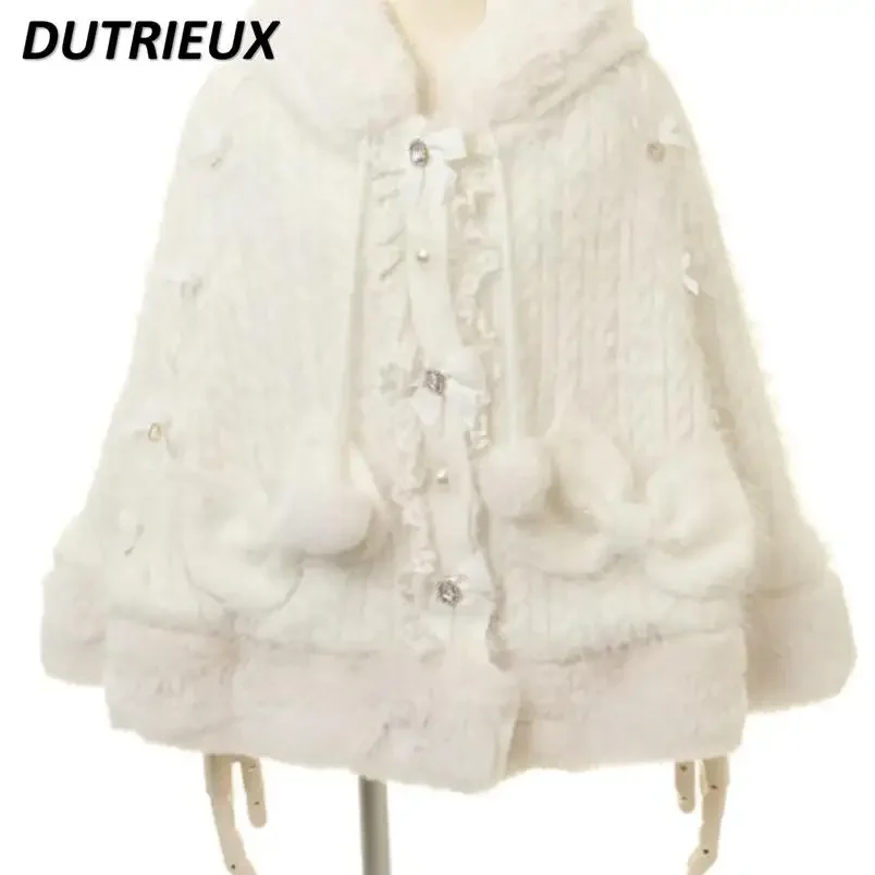 Autumn and Winter Japanese Hairy Mine Knitted Cape Jacket Sweet Girls Hooded Bow Single-breasted Versatile Sweater Coat