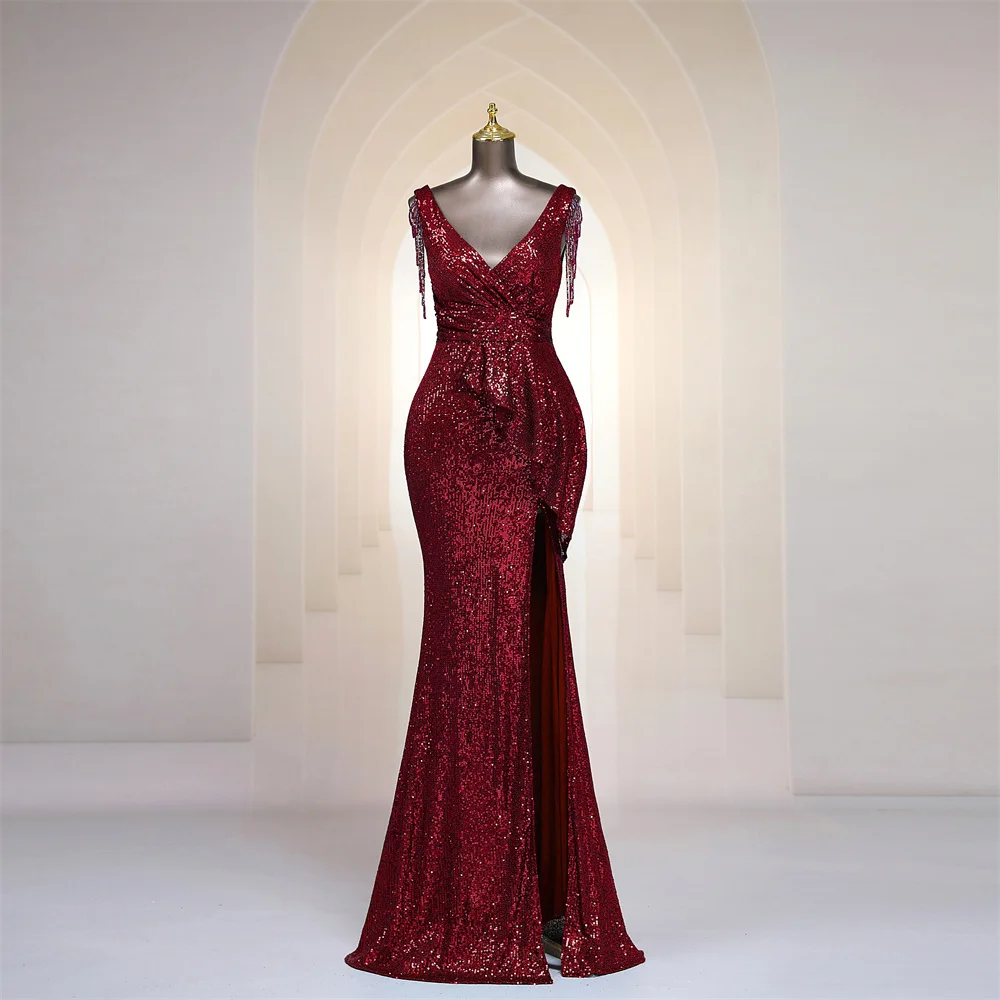 

Burgundy Sequins Mermaid Evening Dresses Beads Tassel Side Split Long Vestidos De Fiesta Robe De Soiree De Mariage Prom Dresses