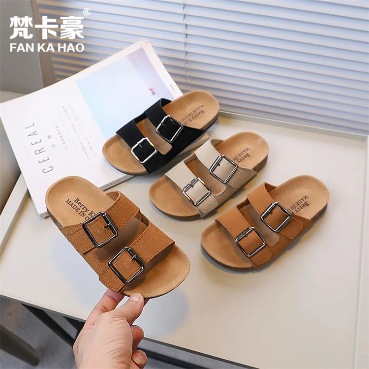 Sandalias de diseño de moda para niñas, prendas de vestir de verano para niños, zapatos, zapatillas para niñas, sandalias sin cordones con hebilla, color Beige, negro, caqui