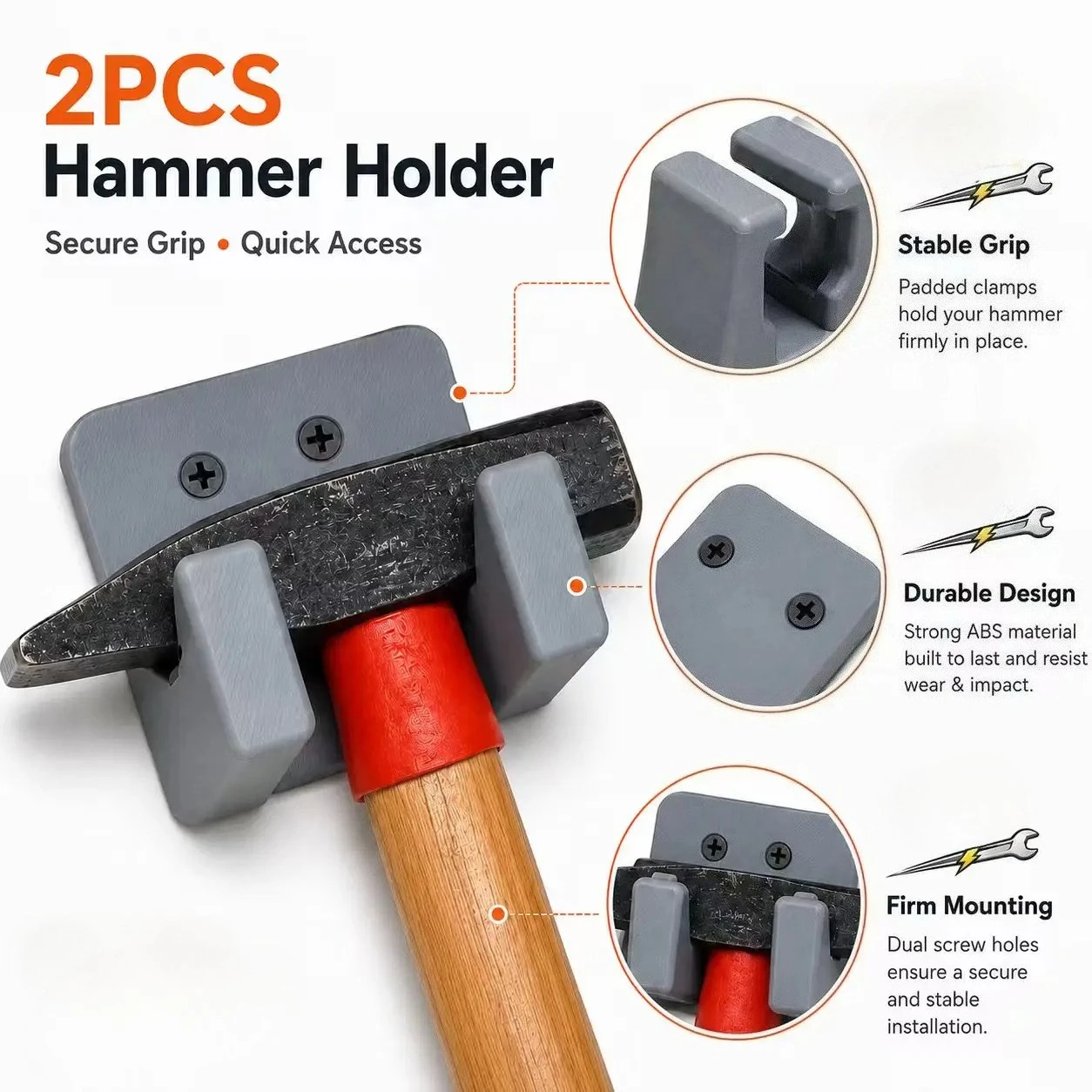 2PCS Wall Mounted Hammer Holder, Heavy Duty Tool Storage Hook, Secure Grip Hammer Rack for Garage Workshop