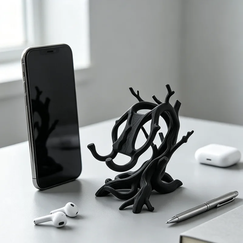 3D Printed Twisted Tree Root Phone Stand Holder Unique Branch Shaped Desktop Decor Sculpture Minimalist Black Cell Phone Support