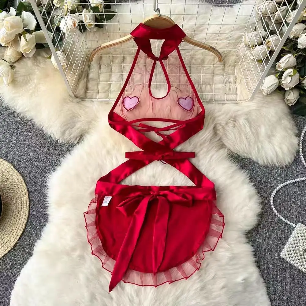 Sexy Hollow Out Pajamas Women Cosplay Servant Tie Backless Neck Hang Set Patchwork Heart-Shaped Red See-through HotSweet Dress