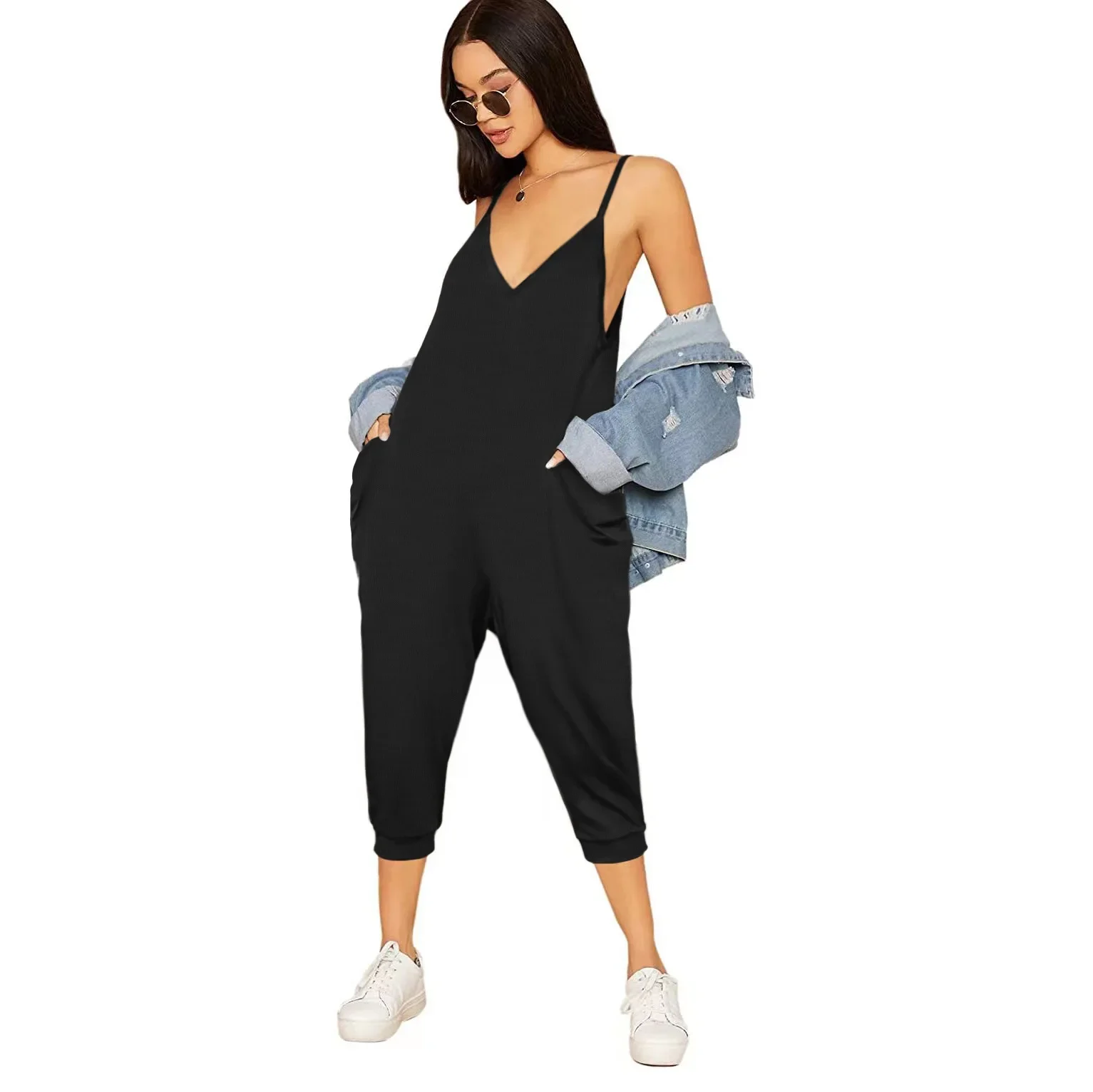 

Women Romper Sleeveless Sling Jumpsuit Solid V Neck Calf Length Pants Loose Casual Overalls 2023 Summer One Peice Female Elegant