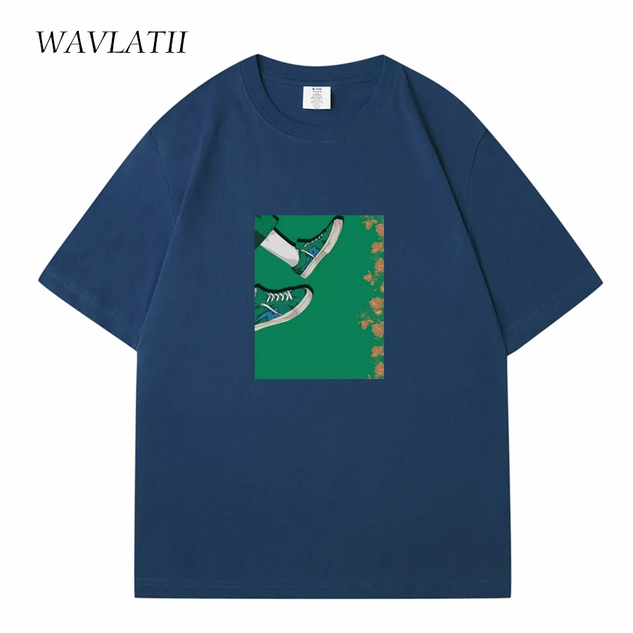 WAVLATII Women New Casual Summer T shirts Female Royal Blue Fashion Printed Tees Lady Green Cotton Short Sleeve Tops WT2324