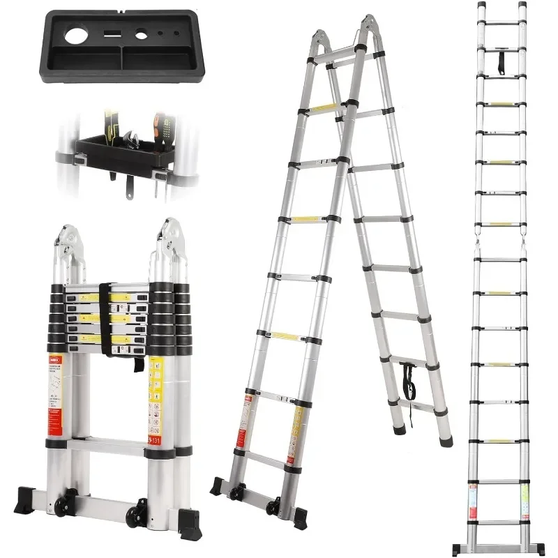 Telescoping A Frame Ladder with Tool Tray, 2-In-1 Extension Ladder, Multi-Purpose Aluminum Telescopic Ladders