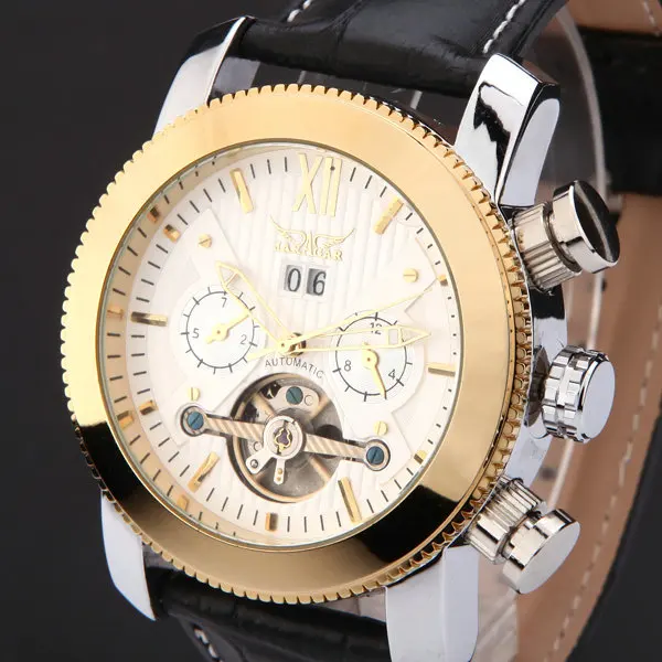 JARAGAR2023 Men\'s Watch Luxury Brand Fashion Glass Mechanical Skeleton Watches Leather Band Military Army WatchRelogio Masculino