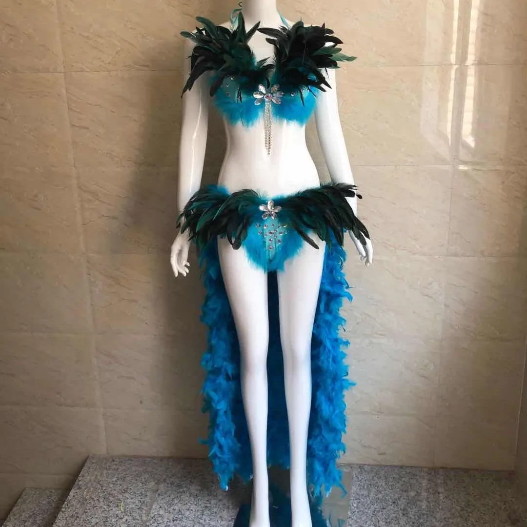 Women Feather Bikini Costume Rhinestone Halter Top Thong Long Feather Train Burlesque Carnival Samba Dance Outfit Halloween Show