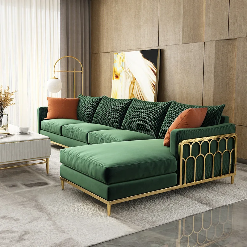 //Modern Stainless Steel Frame Green Velvet Fabric Sofas L Shaped Sectional Sofa Set Hotel Lounge Living Room Furniture