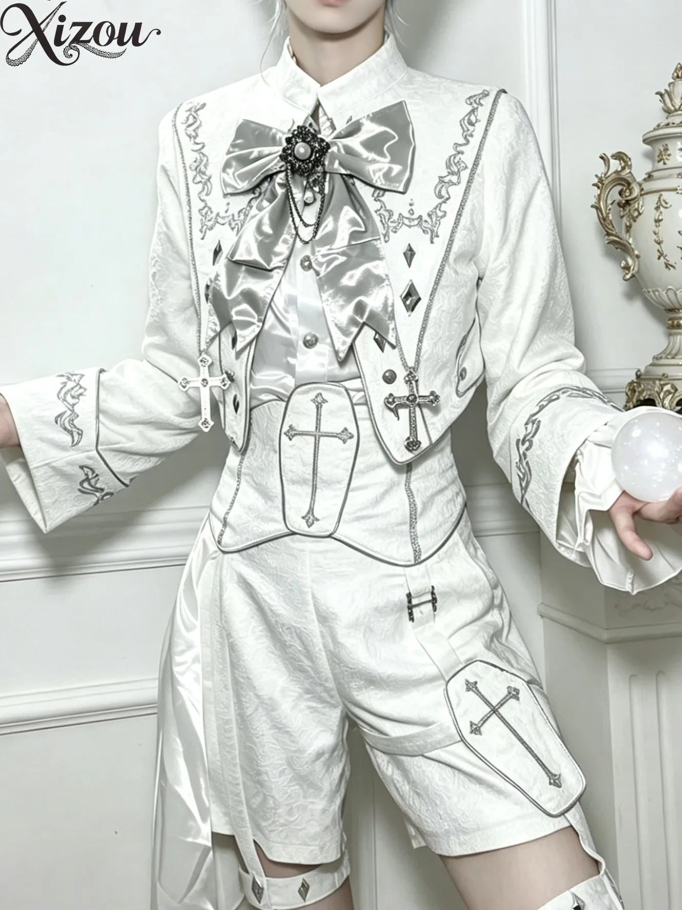 Spring Summer Japanese Ouji Lolita 3-Piece Set White Jacquard Embroidery Jacket Blouse Short Cross 2026 Irregular Bow Prince