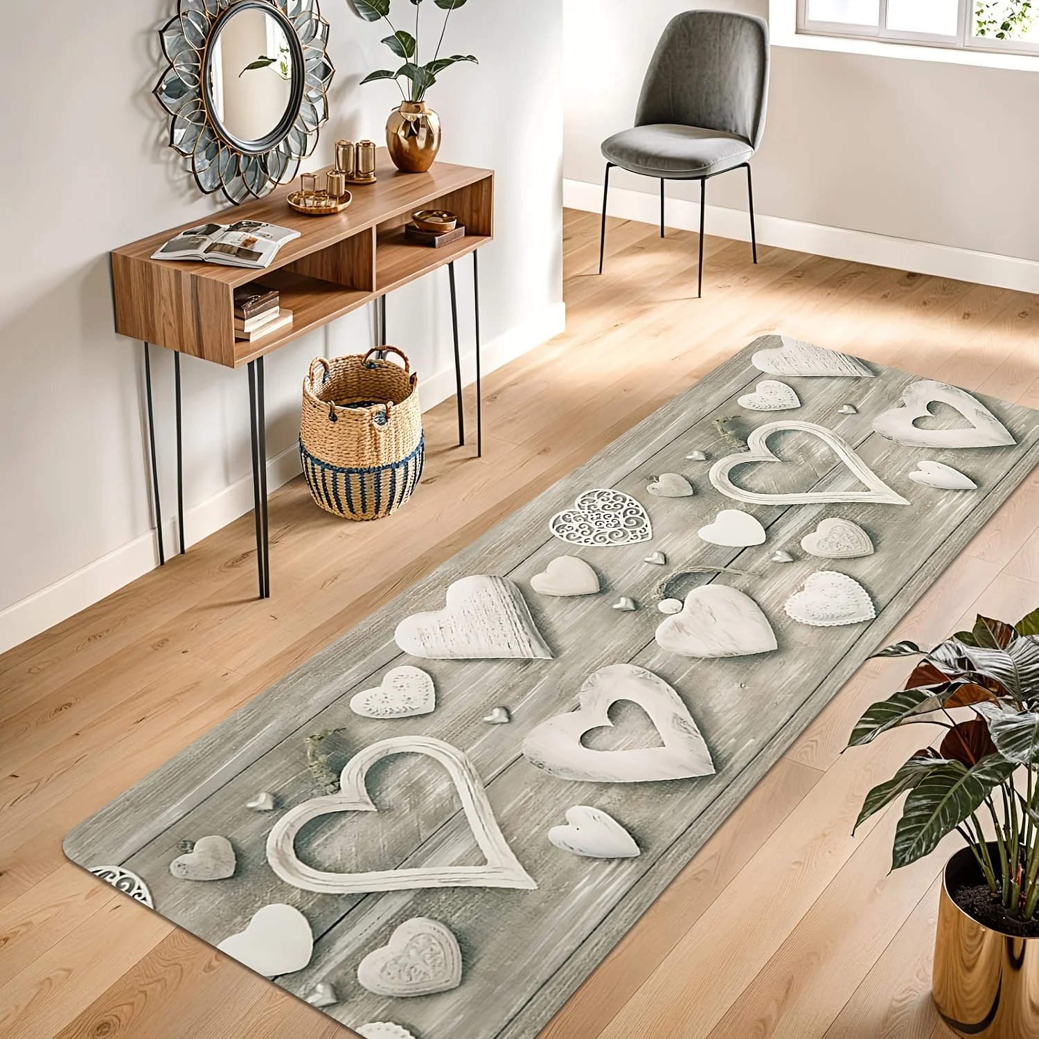 Rustic Farmhouse Runner Rug Grey Wooden Plank White Carved Heart Art Printed Long Floor Mat for Hallway Home Decor