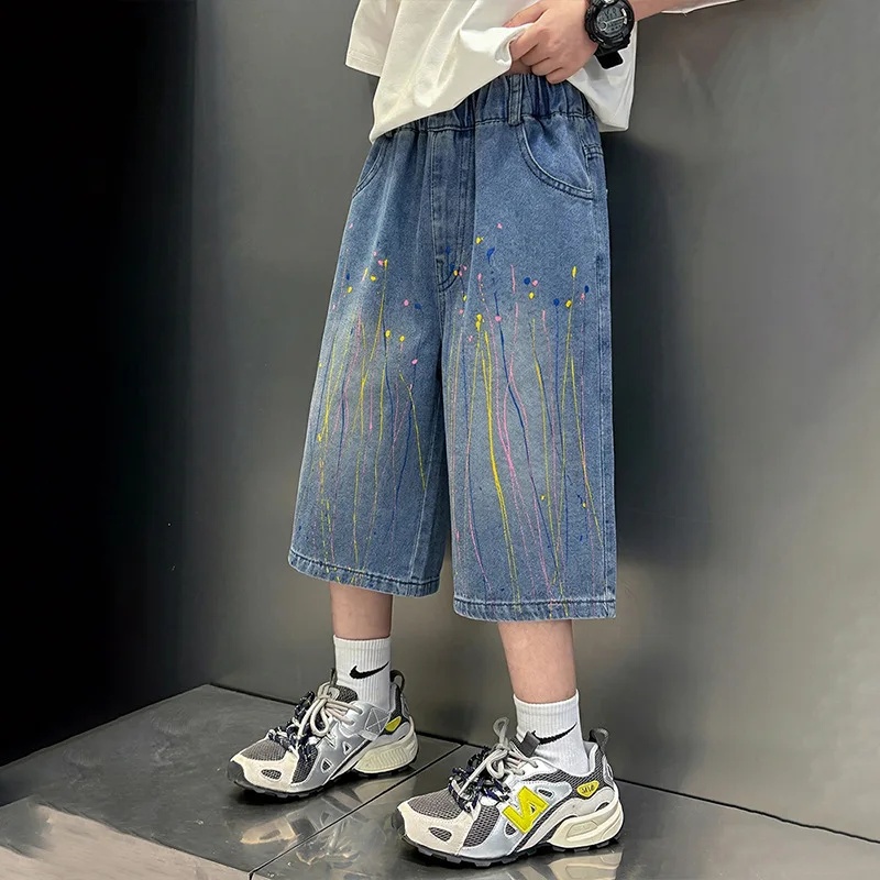 New Summer Teenage Boys Denim Shorts Thin Fashion Style Fashion Elastic Waist Jeans Shorts Kids Clothes 5- 14 Years