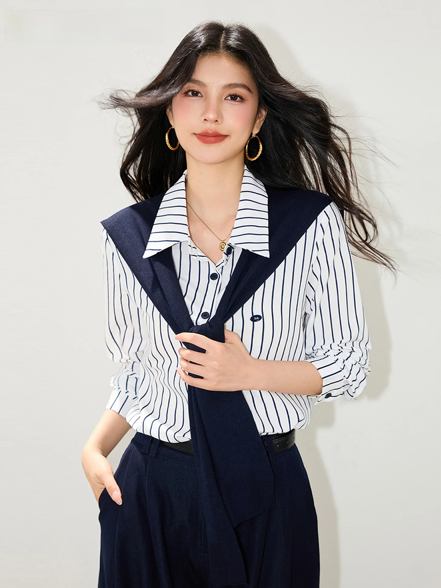 

La Chapelle Women's Casual Striped irt Open Cardigan Loose Fit Button Design Polyester Fiber Long Sve Autumn Wear