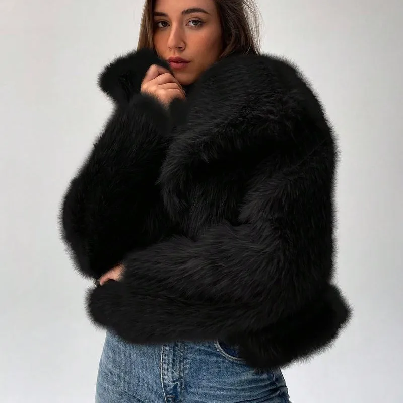 2025 Winter Womens Short Faux Fur Coat Fashionable Oversized Lapel Long Sleeve Warm Jacket Faux Fur Solid Color Tops