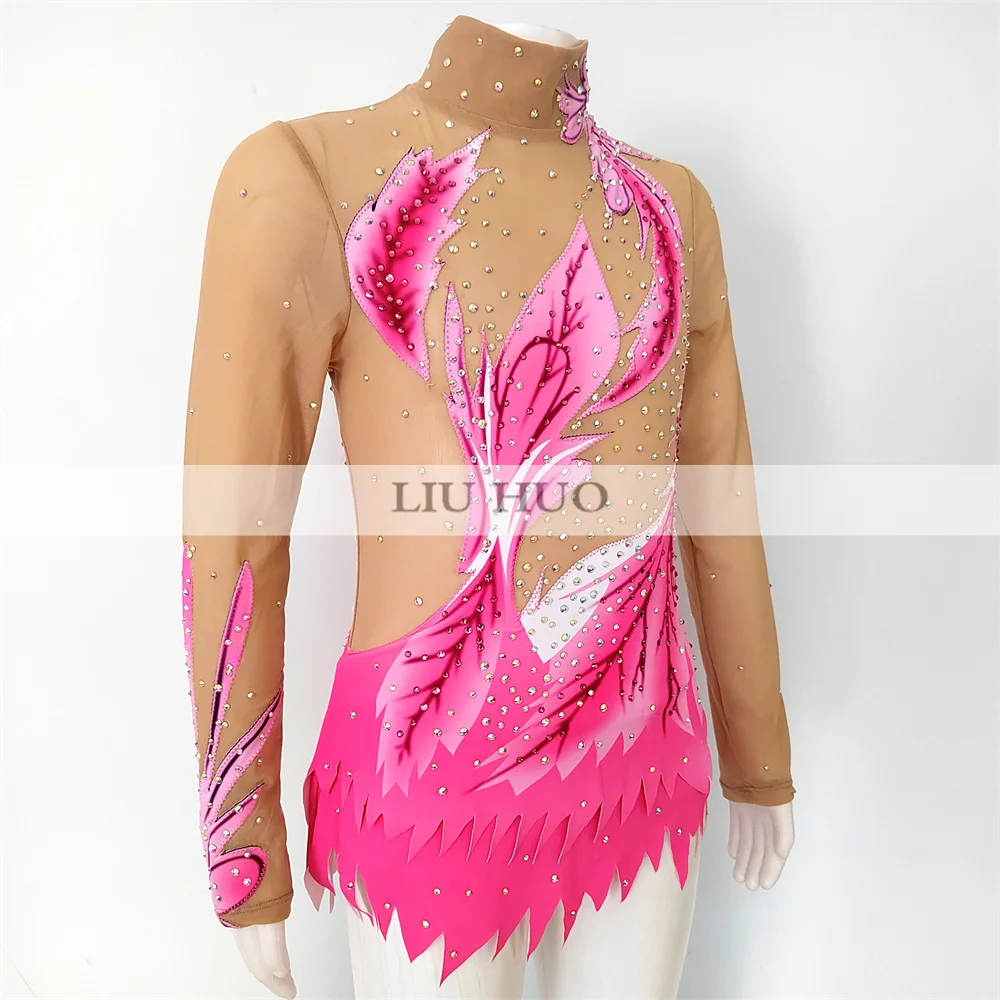 LIUHUO Rhythmic Gymnastics Leotard Aerobics Adult Women Girl Costume Performance Competition Dance Dress Latin Modern Pink Kids