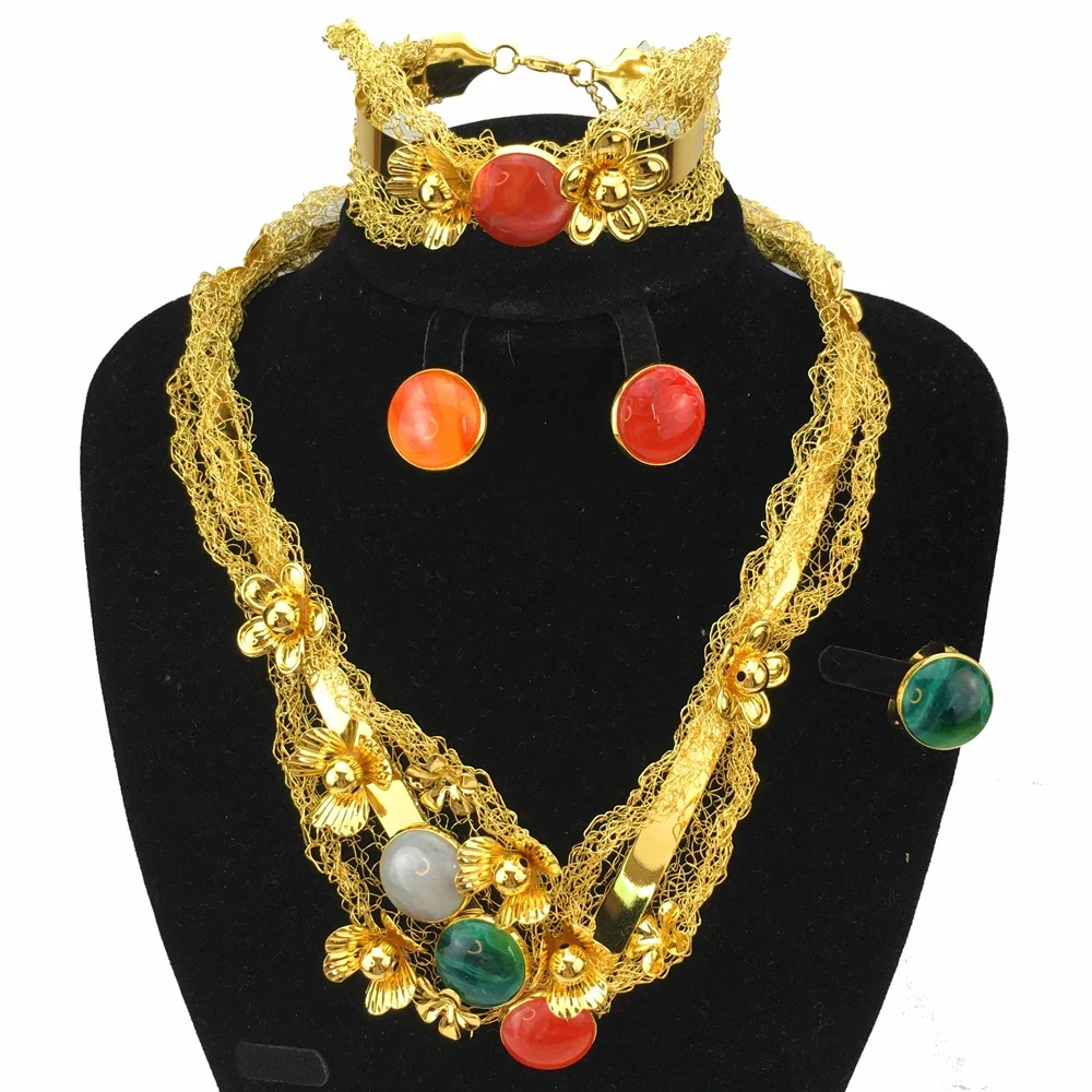 

Fashion luxurious Nigerian Wedding African Colorful Stone Flower Necklace Earrings Set Party Wedding Dubai Jewelry Set FHK18201