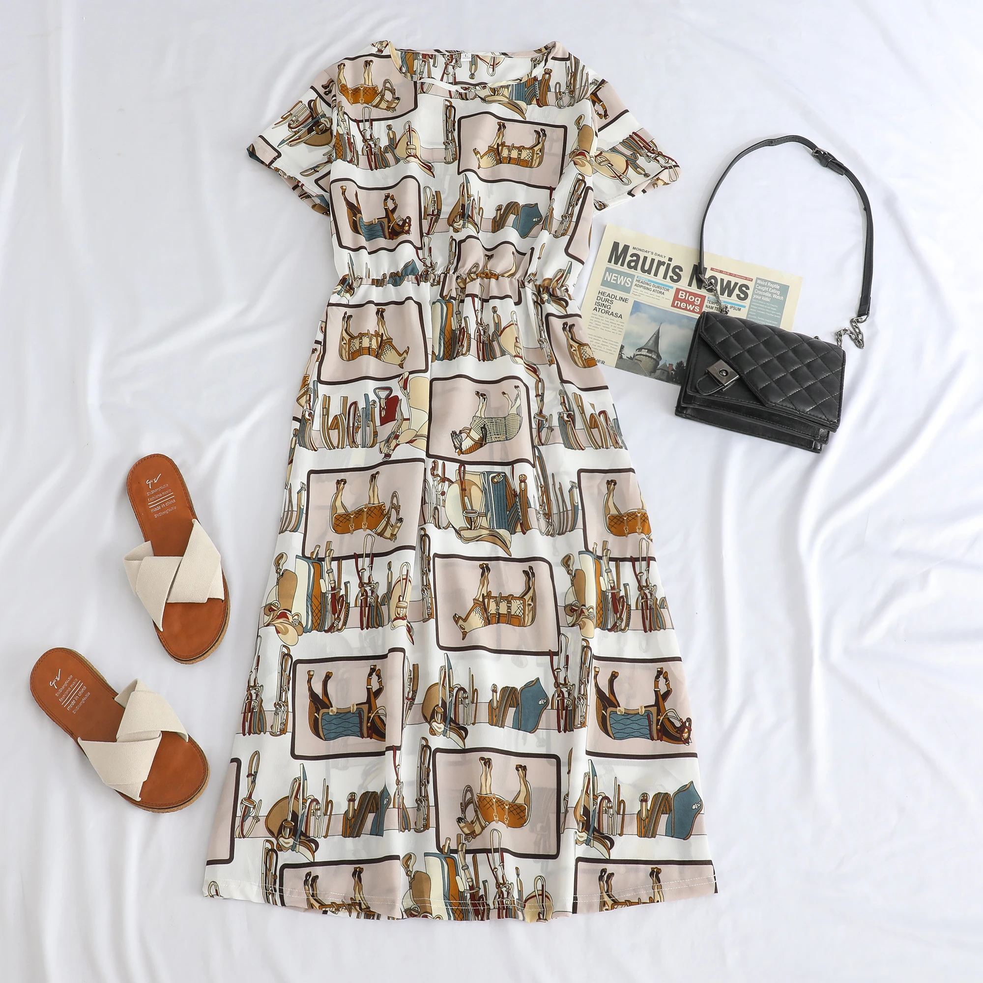 

Fashionable Short Sleeve Dress Mommy Style Casual Slimming T-Shirt for Middle-Aged And Elderly Women Polyester Fiber Long Dress